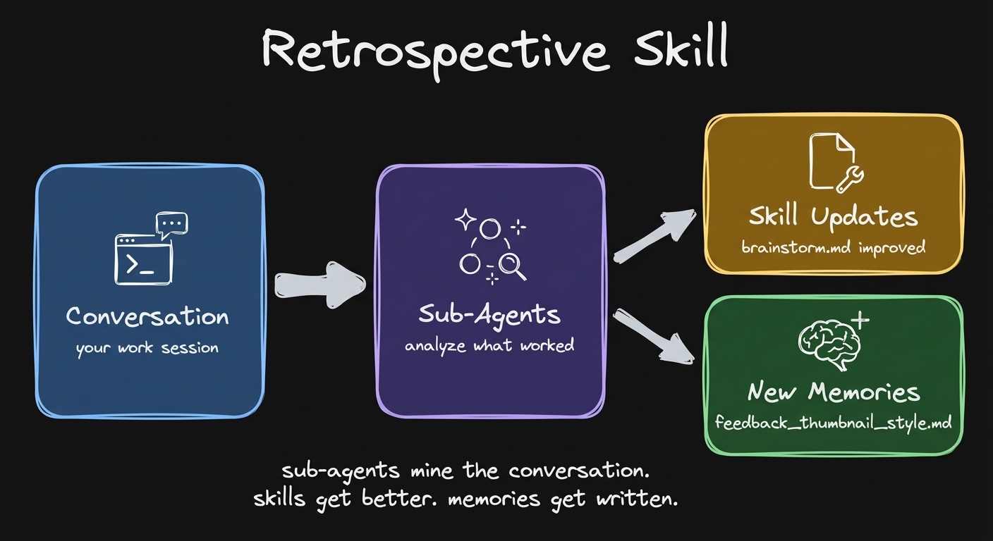 Retrospective skill: extract signals, map to skills, propose diffs, apply